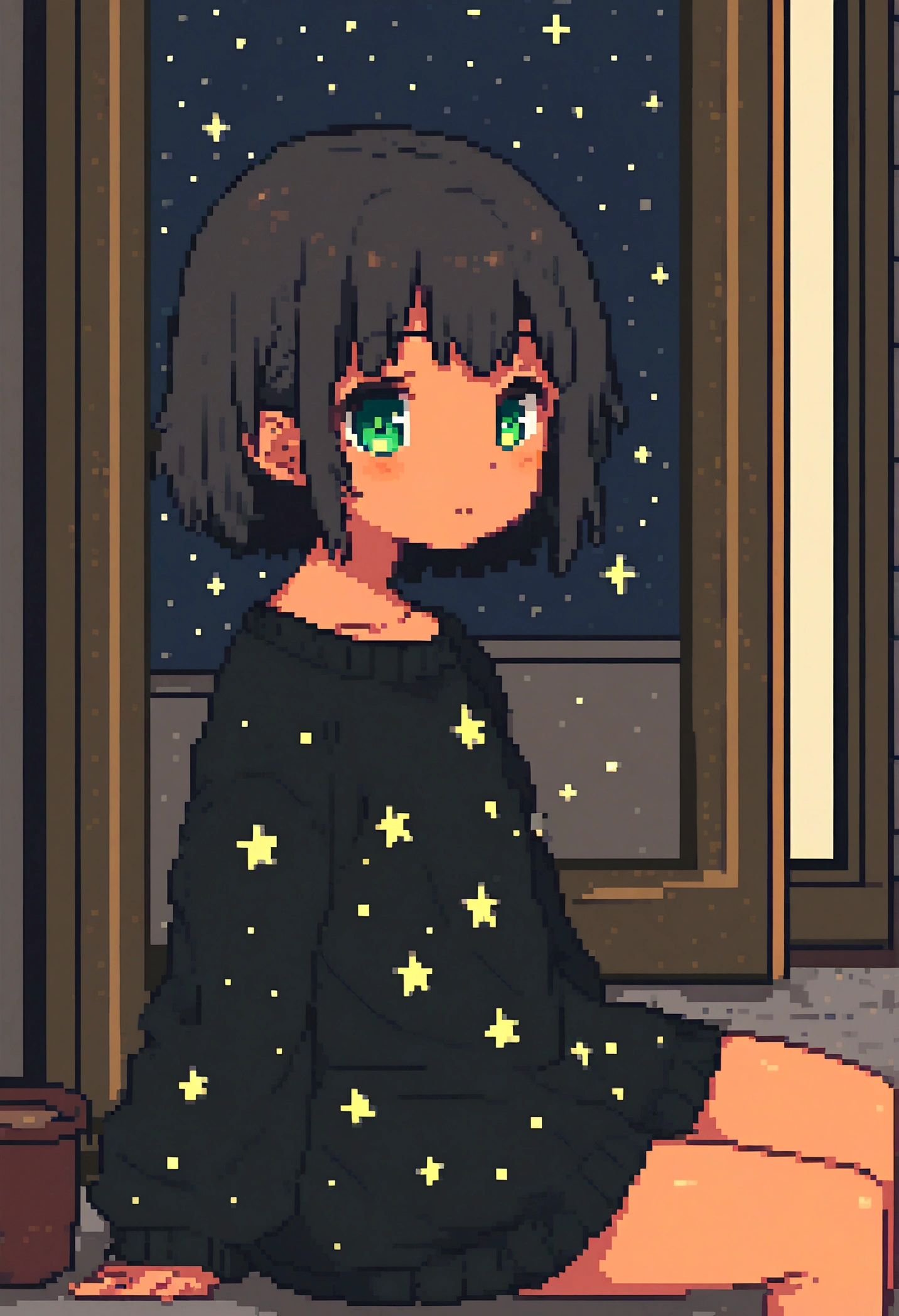 , short hair, dark hair, tan, green eyes, black sweater, bare legs, Sitting looking at the window, it's night, The night is full of bright stars,