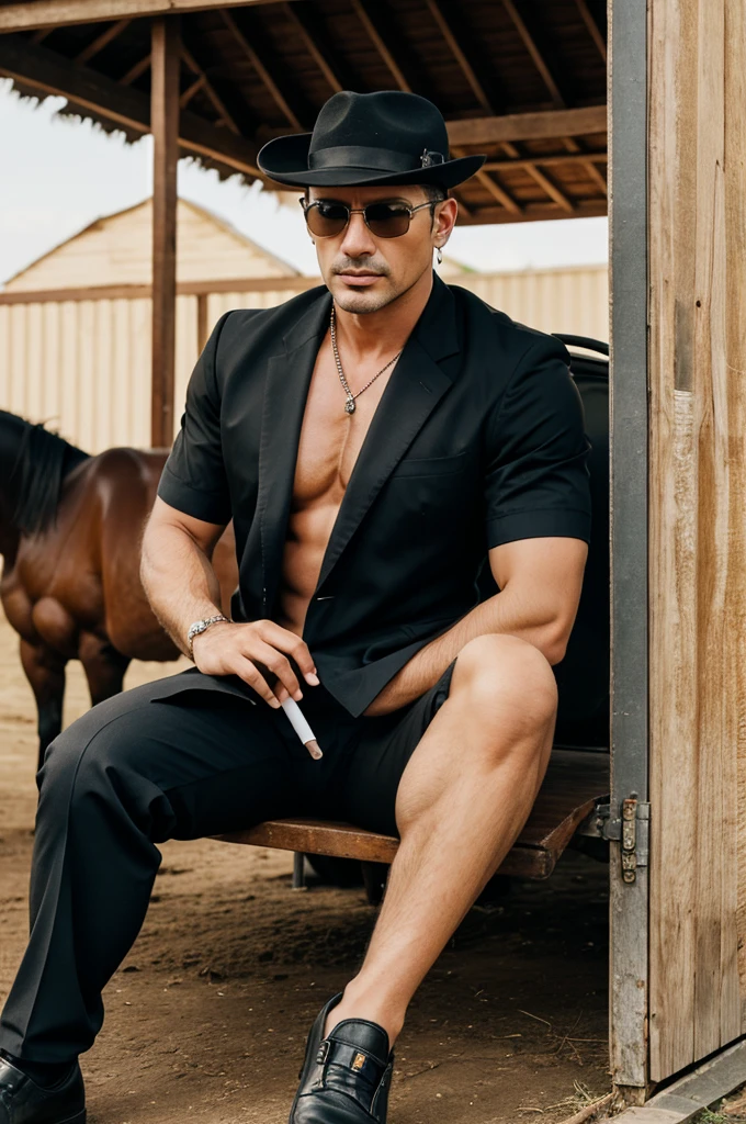 Hot mafia man sitting on stable with a cigarette