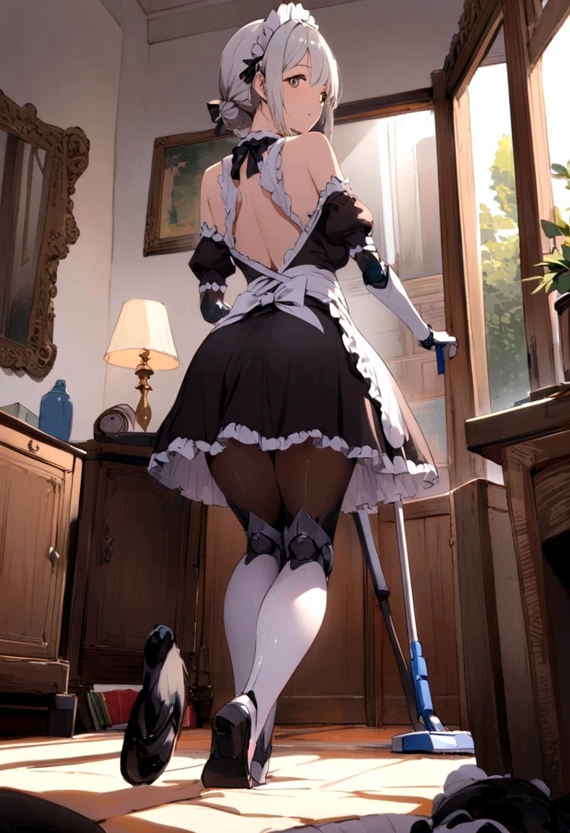 A sexy robot maid is cleaning the living room, viewed from behind