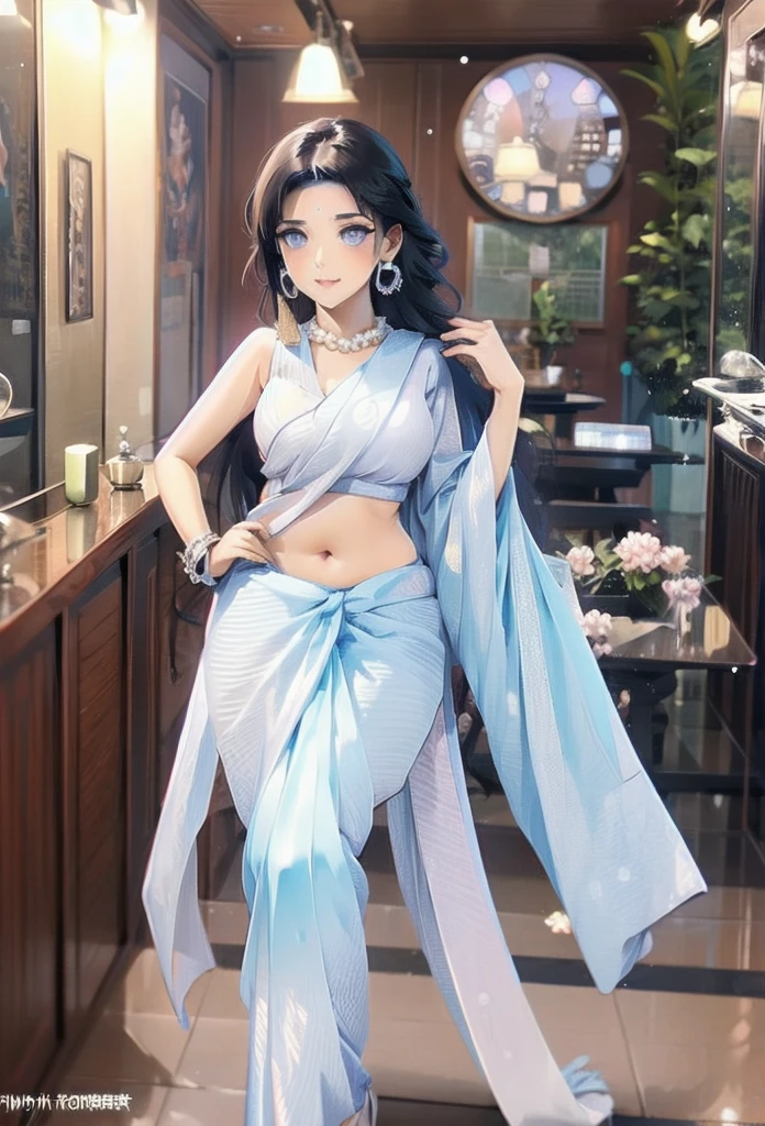 Hinata Hyuga (from Naruto),A beautiful, traditional Indian saree. You can choose a specific region's style for the saree, like Kanjeevaram or Banarasi, navel exposure
The saree can be a pastel color that complements Hinata's hair and eye color, or a vibrant color that reflects her newfound confidence.
Include elegant jewelry like bangles, earrings, and a necklace that would suit Hinata's personality, Hinata standing gracefully, perhaps with one hand behind her back, and the other hand curved at her hip, focus on capturing Hinata's gentle beauty and newfound confidence,Indian dress,saree,Hinata hyuuga, hyuuga hinata,hinata,pearl99saree99,h,better_hands