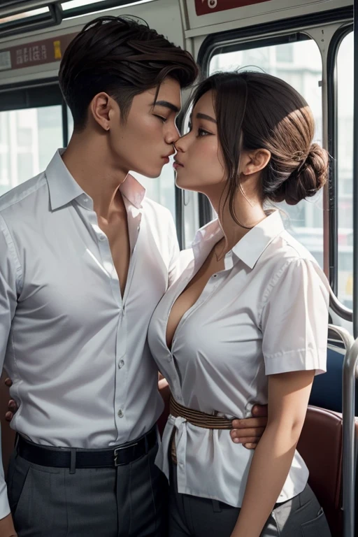 Indonesian couple, beautiful 21 year old girl and handsome 22 year old boy, deeply kiss each other, and the boy holds the girl's neck and breast, the girl's mouth is open with a pleasant expression, updo hair style brown colour, medium breasts, tempting cleavage, standing in a crowded bus school, (the girl is wearing open unbuttoned shirt, open white shirt), the boy is wearing white collared shirt and gray trousers, in a crowded bus school.