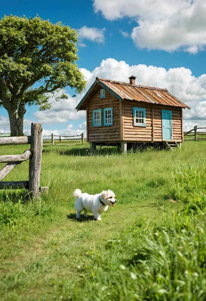 A small wooden house in the middle of a grassy field surrounded by a rustic fence. A chicken and a dog are walking towards the camera. The sky is blue with white clouds. The mood is peaceful and serene. The image is taken with a medium-range lens, the focus is on the house. The colors are vibrant and the texture is detailed. The background is blurred.