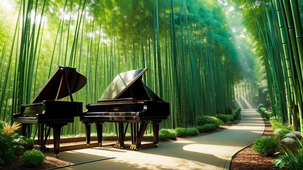 A grand piano placed in a bamboo forest with sunlight filtering through the trees、The soft sunlight filtering through the trees makes it sparkle.、One grand piano、There is no one、With Makoto Shinkai-esque illustration touch、Rough anime style