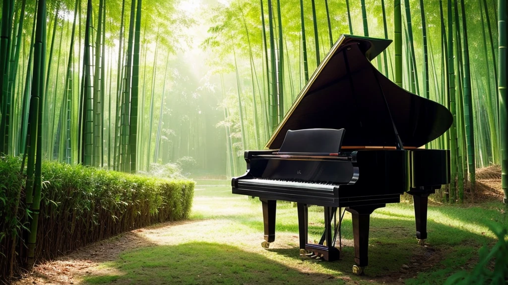 A grand piano placed in a bamboo forest with sunlight filtering through the trees、The soft sunlight filtering through the trees makes it sparkle.、One grand piano、There is no one、With Makoto Shinkai-esque illustration touch、Rough anime style