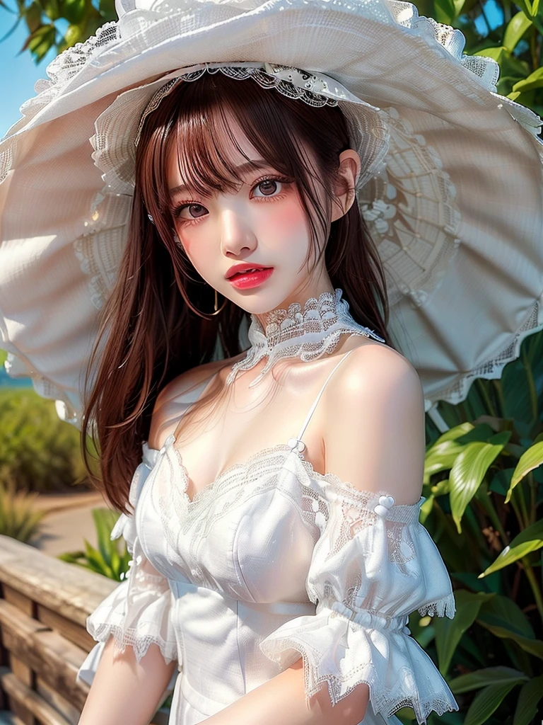 ((highest quality)),(超A high resolution),(Very detailed),(Detailed Description),((The best CG)),(masterpiece),Very detailedなアート、Small breasts、(((Whitening 1.5)))、Clear skin quality、Off the shoulder、(((White long lace dress 1.5)))、Big straw hat、Ocean Background、