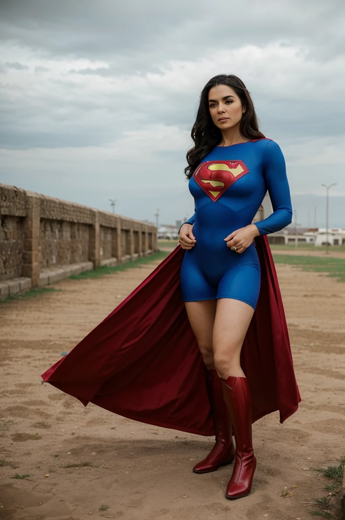 Mujer maravilla diana Prince vestida con su traje completo de pies a cabeza,abraza a Superman en un campo alejado de la ciudad