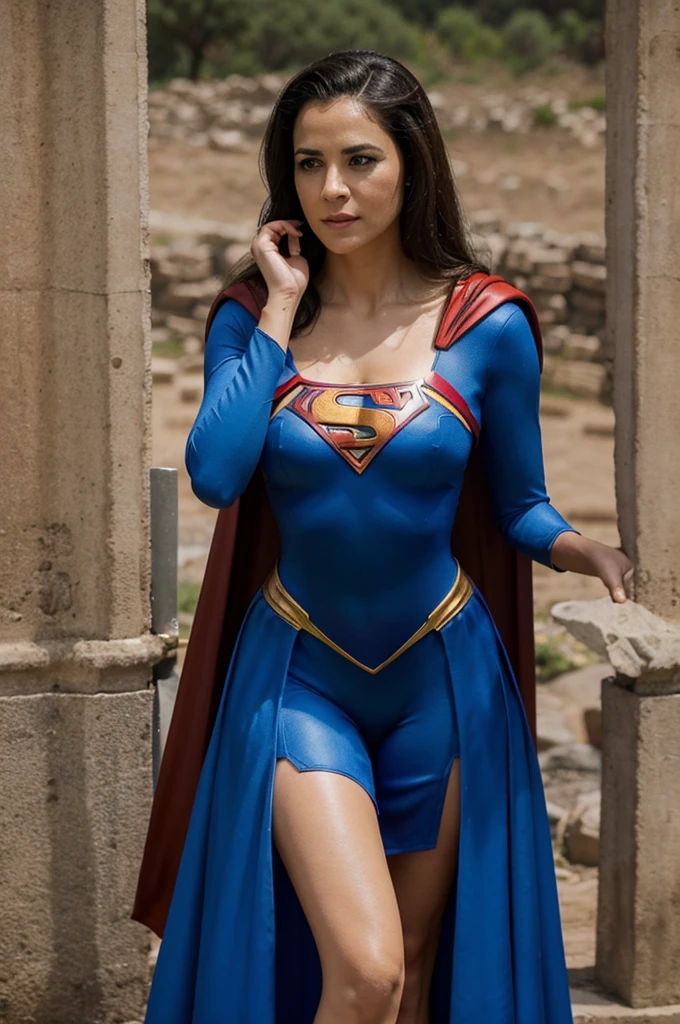 Mujer maravilla diana Prince vestida con su traje completo de pies a cabeza,abraza a Superman en un campo alejado de la ciudad