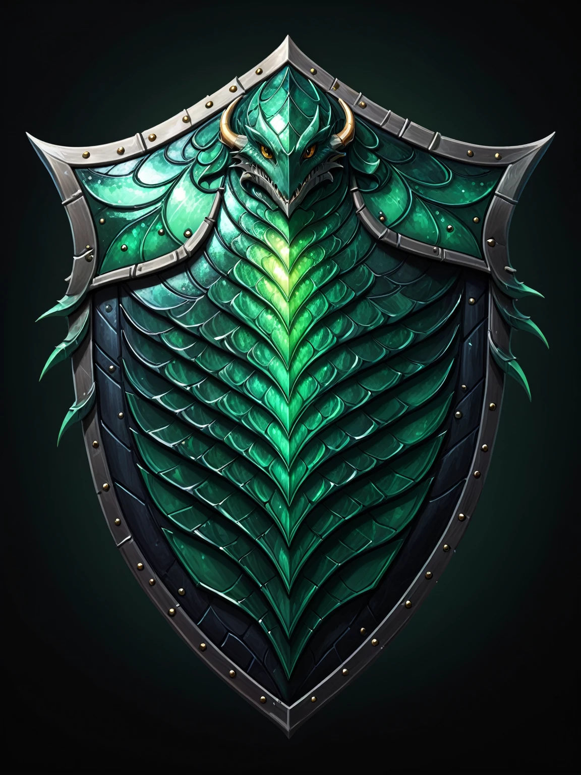 pixel art, cartoon illustration, dragon scale shield, emerald colors, simple black background, game icon 