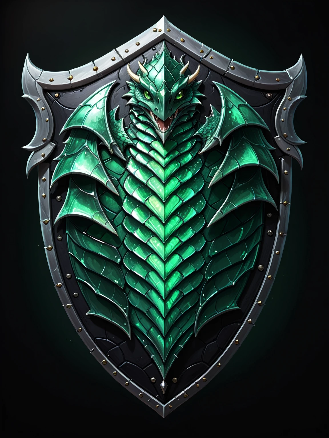 pixel art, cartoon illustration, dragon scale shield, emerald colors, simple black background, game icon