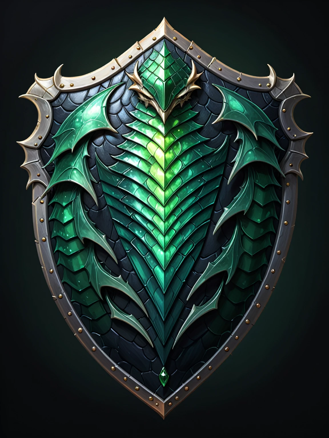 pixel art, cartoon illustration, dragon scale shield, emerald colors, simple black background, game icon