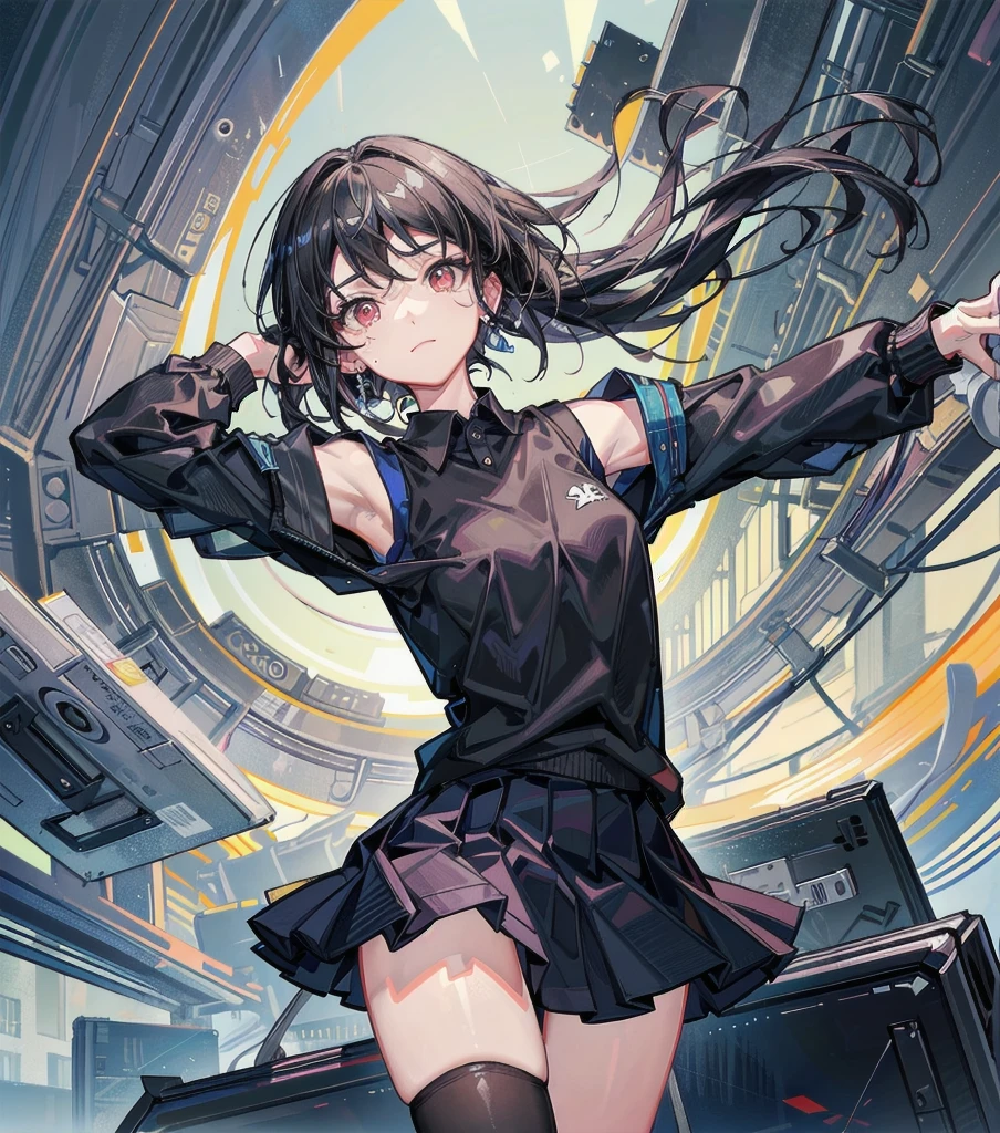 whole body, solo, alone, perfect anatomy, correct body, ideal ratio of body proportions, tearful mole, earring, medium hair, black hair, medium tits, classroom, school_uniform, ((school_uniform)), summer shirt, skirt, sleeveless,