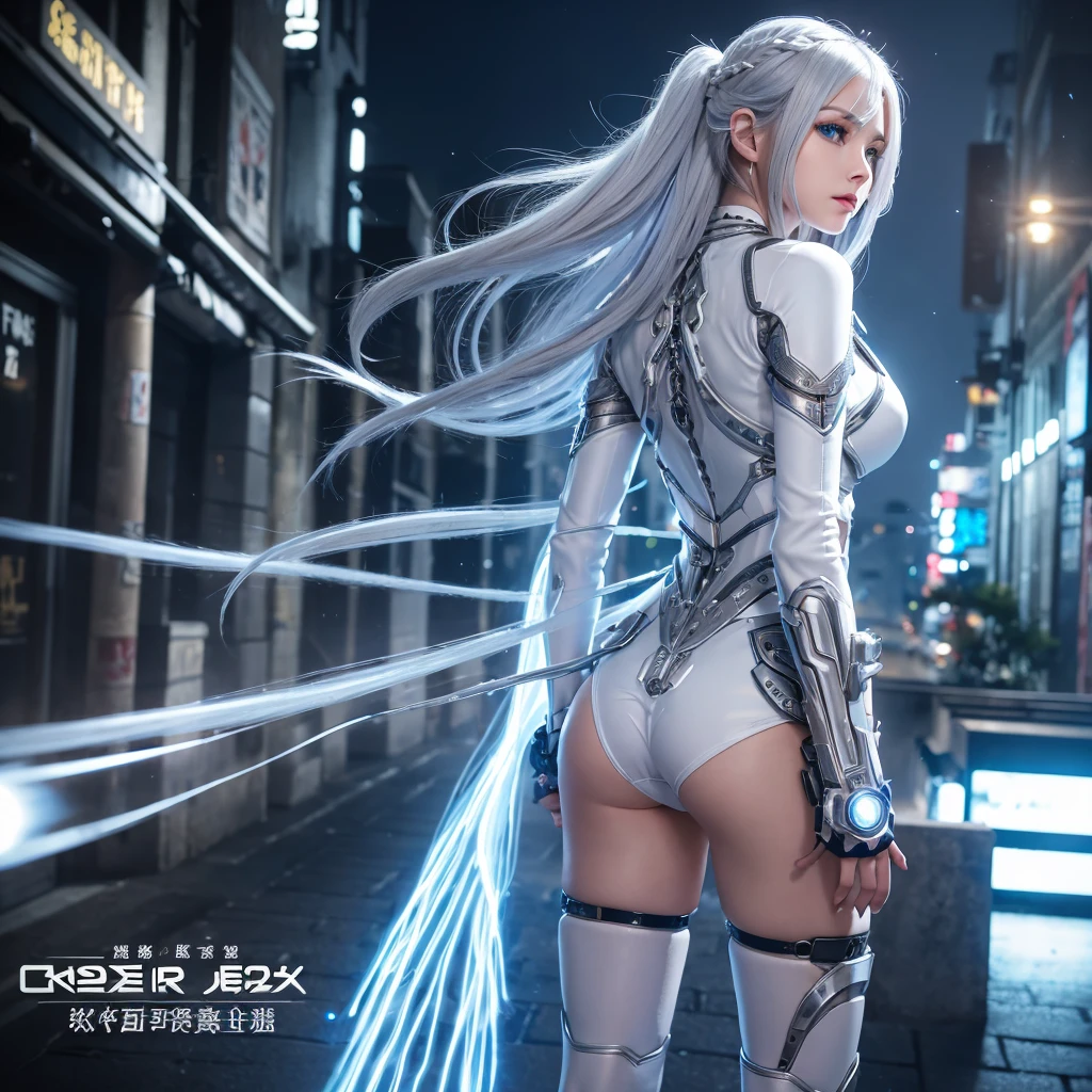 Silver Hair、Super long hair、hair ornaments、Blue Eyes、White legwear、Sweatdrops、steam、((whole body:1.1))、((Clever girl))、Deus Ex Machina、mechanical goddess、gear、wire、Power core embedded in the chest、Various sensors、Power pipes extending from the back、Town、night
