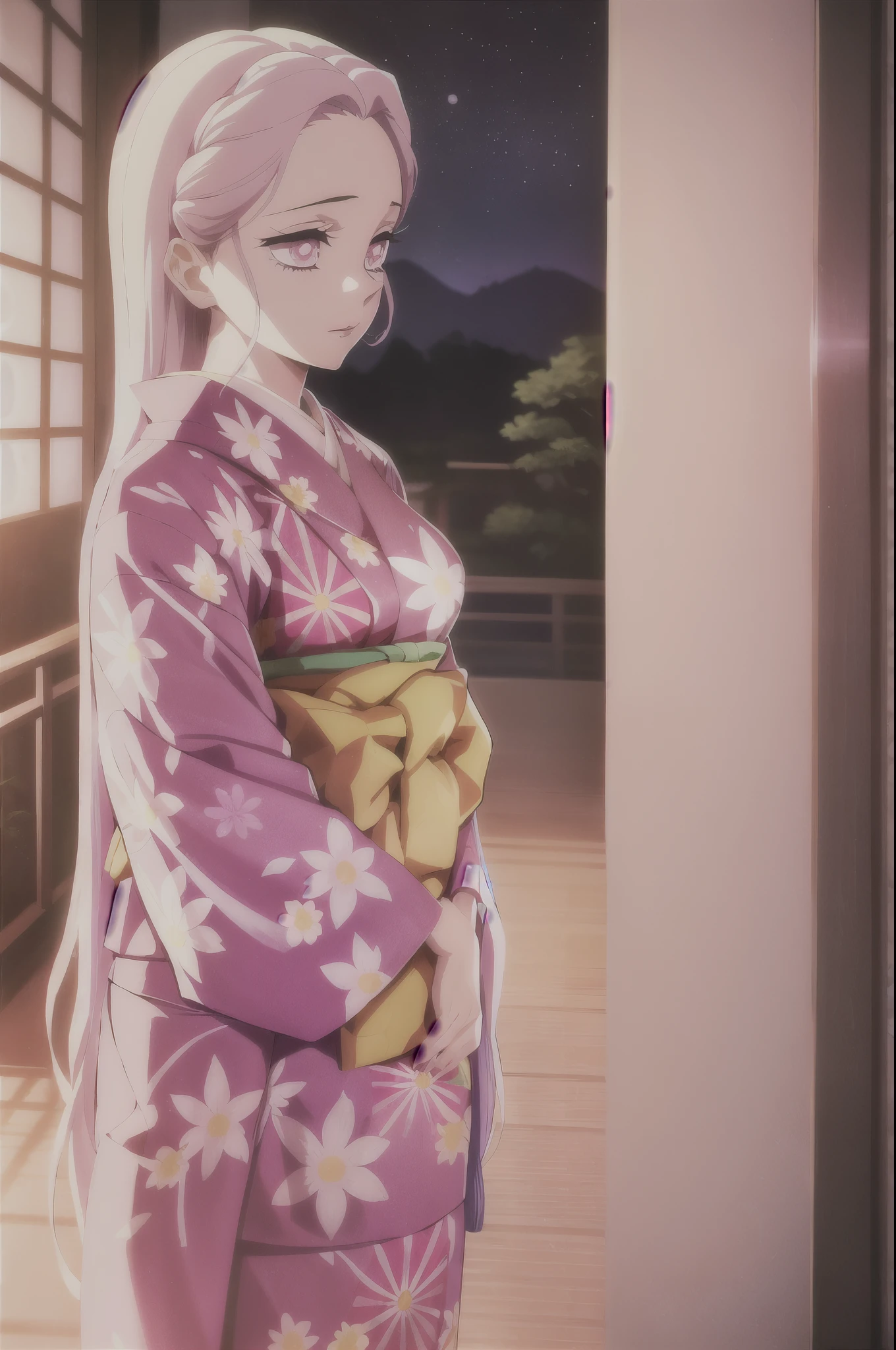 kimetsu no yaiba style,1girl,  lady, solo, japanese clothes, kimono, pink eyes, long straight hair, hair over shoulder, floral print, light pink hair, upper body, anime coloring,  ((masterpiece)) 