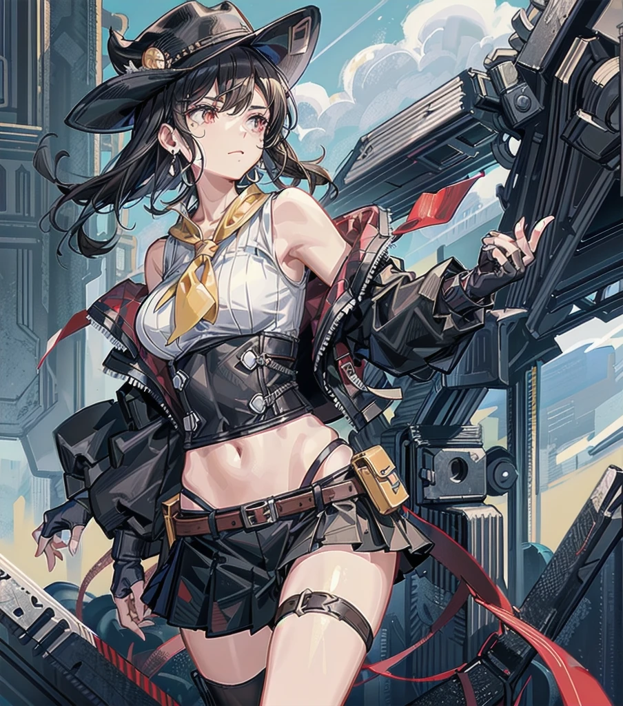 whole body, solo, alone, perfect anatomy, correct body, ideal ratio of body proportions, tearful mole, earring, medium hair, black hair, medium tits, cowgirl costume, vest, cowboy hat, fingerless gloves, midriff, neckerchief, short skirt, holster,