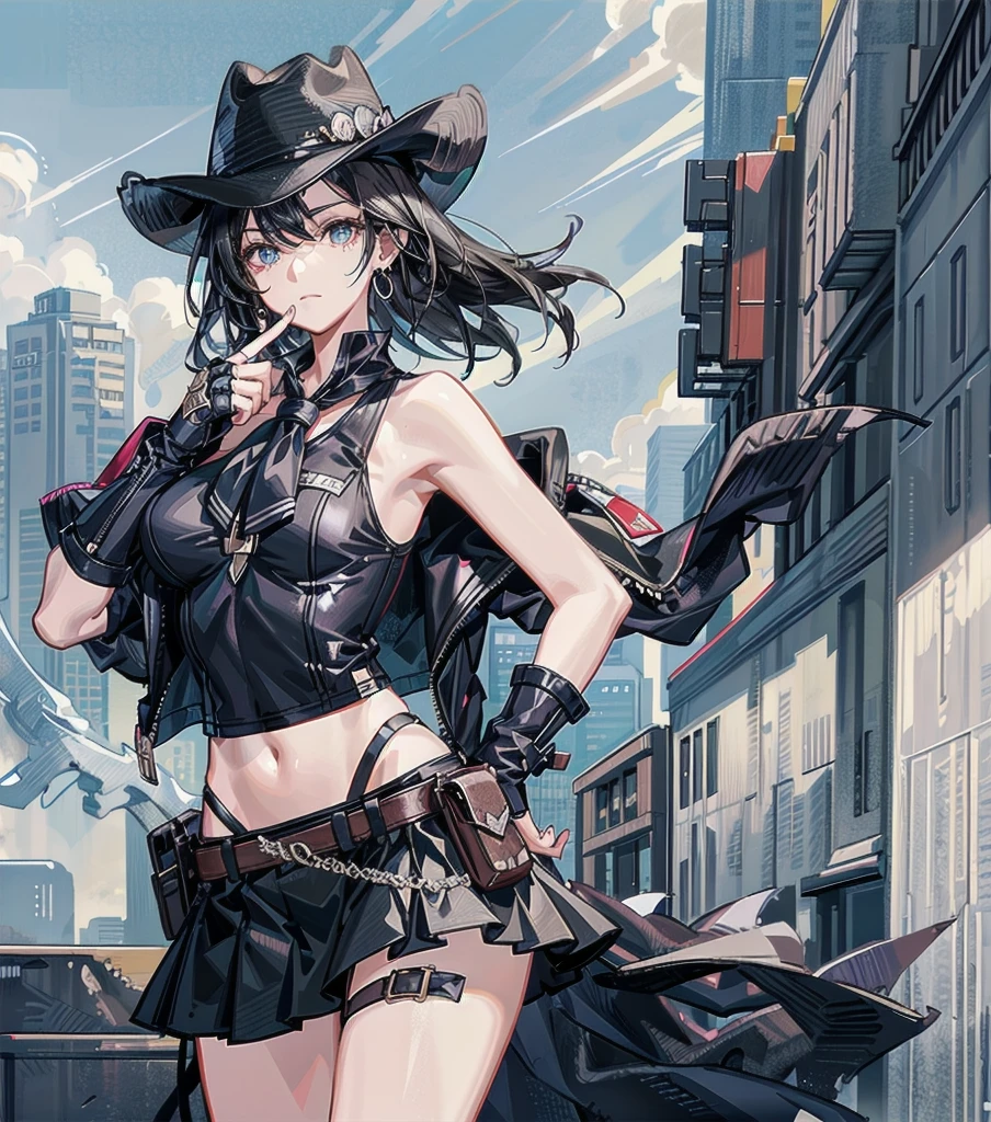 whole body, solo, alone, perfect anatomy, correct body, ideal ratio of body proportions, tearful mole, earring, medium hair, black hair, medium tits, cowgirl costume, vest, cowboy hat, fingerless gloves, midriff, neckerchief, short skirt, holster,