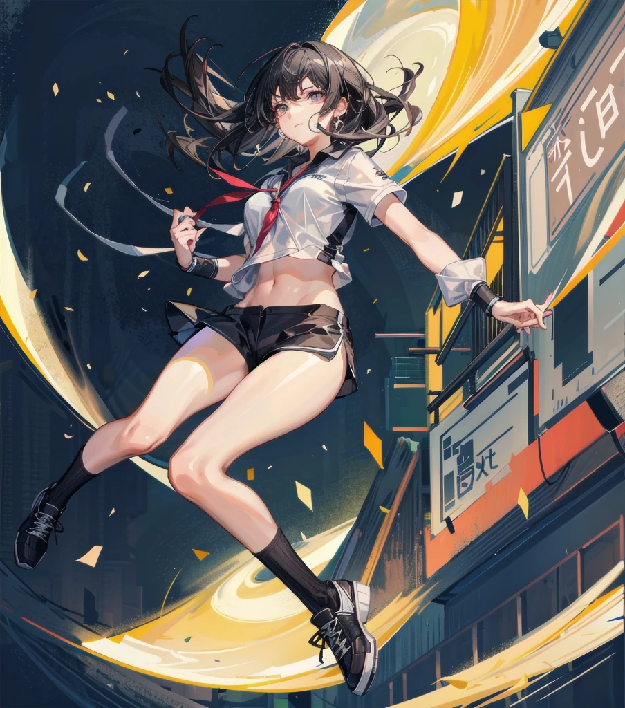 whole body, solo, alone, perfect anatomy, correct body, ideal ratio of body proportions, tearful mole, earring, medium hair, black hair, medium tits, classroom, tennis uniform, shorts,