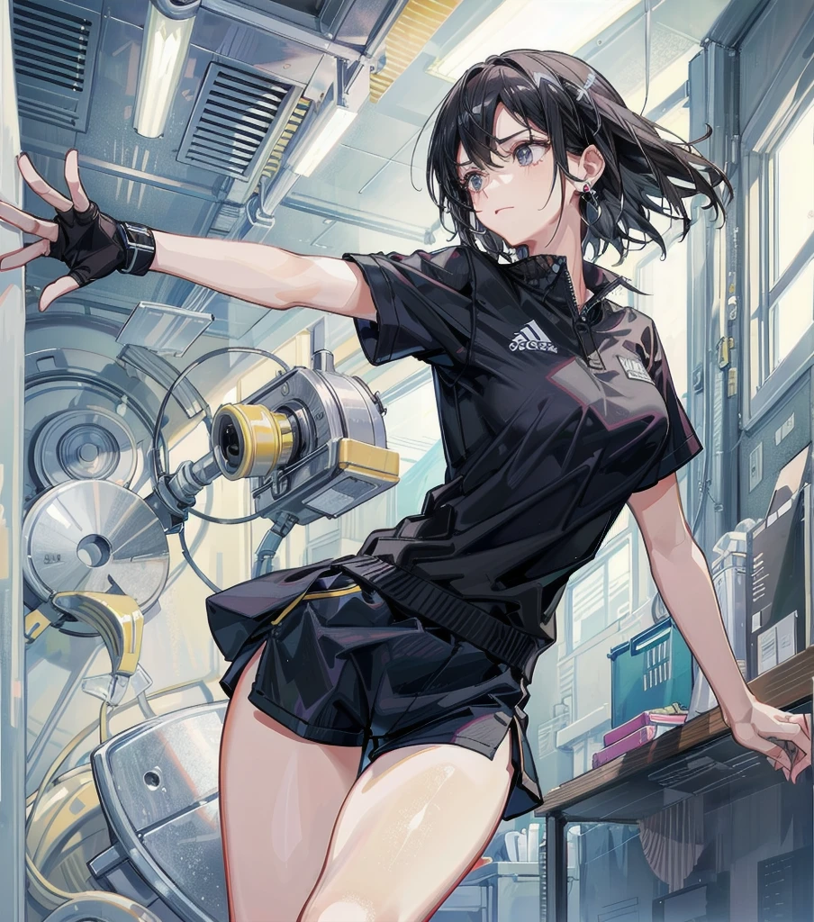 whole body, solo, alone, perfect anatomy, correct body, ideal ratio of body proportions, tearful mole, earring, medium hair, black hair, medium tits, classroom, tennis uniform, shorts,