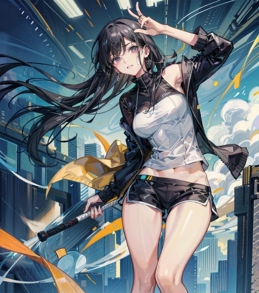 whole body, solo, alone, perfect anatomy, correct body, ideal ratio of body proportions, tearful mole, earring, medium hair, black hair, medium tits, classroom, tennis uniform, shorts,