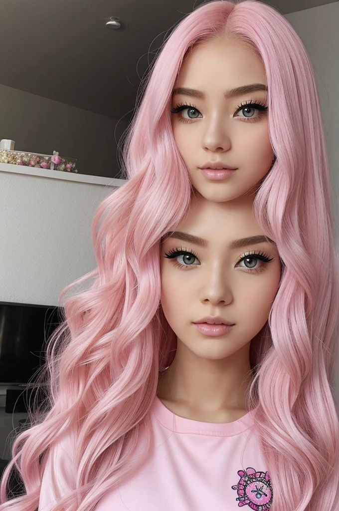 is a pale white young woman with a long pink fluffy hair (her hair is dyed, her natural color is black) that look soft like a candy floss, pink eyes, pink lips. She is portrayed wearing a uniform like the bullies, her hair is in a large beehive-style with curls, long nails decorated with various bedazzled. her style is mainly inspired by the kogal and hime gyaru.