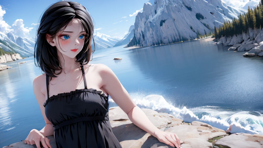 1 girl, medium light black hair, light blue eyes, wearing Sexy outfit , sea , Sexy , high res, ultrasharp, 8K, masterpiece, Looking from the front 18+