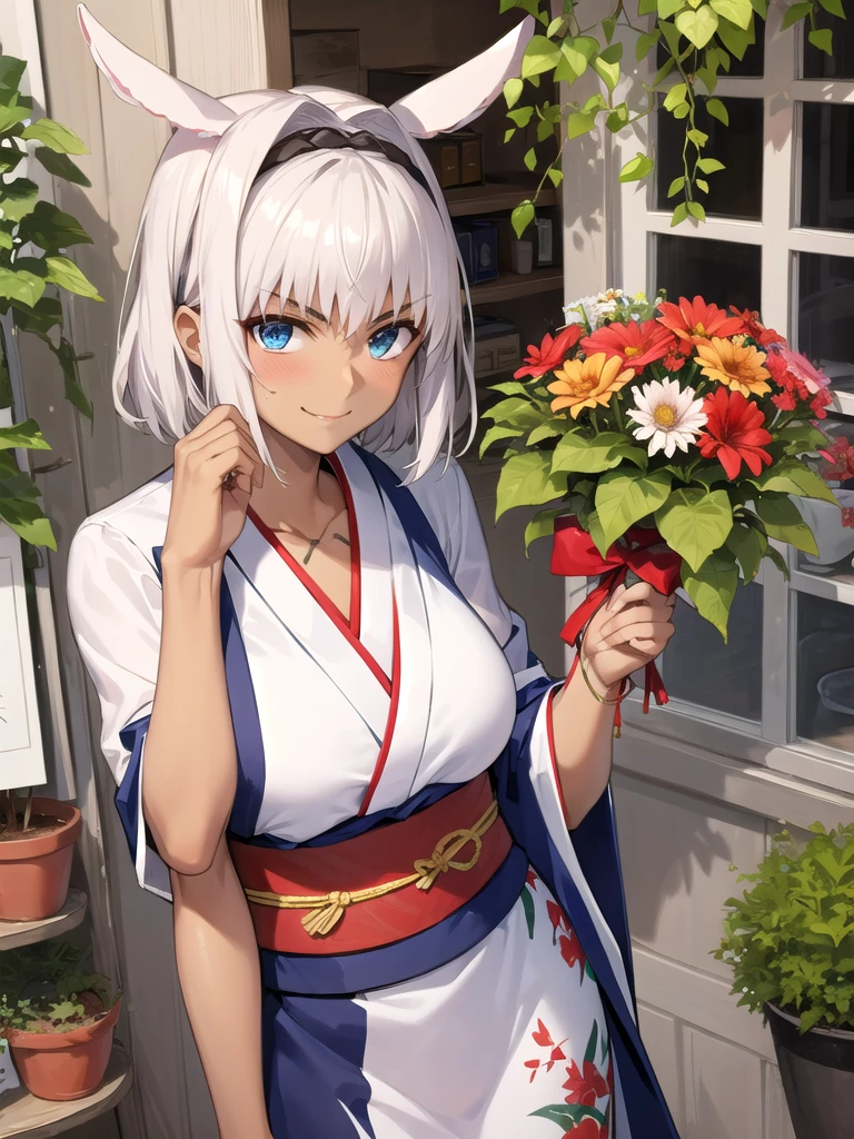 (masterpiece, best quality, detailed), 1girl, solo, looking at viewer, caenis, animal ears, (dark skin, dark-skinned female:1.4), large breasts, long hair, hair intakes, hairband,
yukata, kimono, obi, print kimono, japanese clothes, flower shop, outdoors, storefront, potted plant, plant, shelf, flower, hanging plant, holding bouquet, bouquet, flower, smile, closed mouth, happy, blush