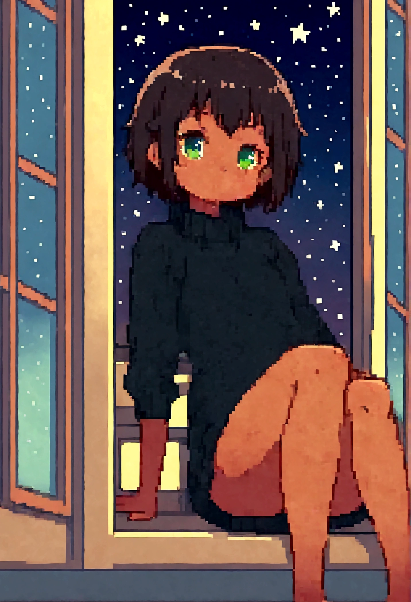 loli, short hair, dark hair, tan, green eyes, black sweater, bare legs, Sitting looking at the window, it's night, The night is full of bright stars,