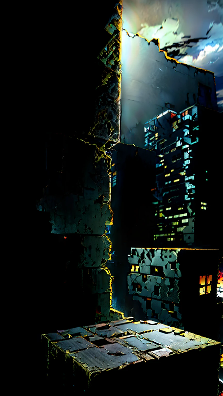 A dark, post-apocalyptic landscape, dramatic lighting, abandoned city ruins, crumbling buildings, overgrown with vegetation, cloudy dramatic sky, ominous atmosphere, (best quality,4k,8k,highres,masterpiece:1.2),ultra-detailed,(realistic,photorealistic,photo-realistic:1.37),dark moody colors, gritty texture, cinematic composition, (game over:1.3),cinematic lighting