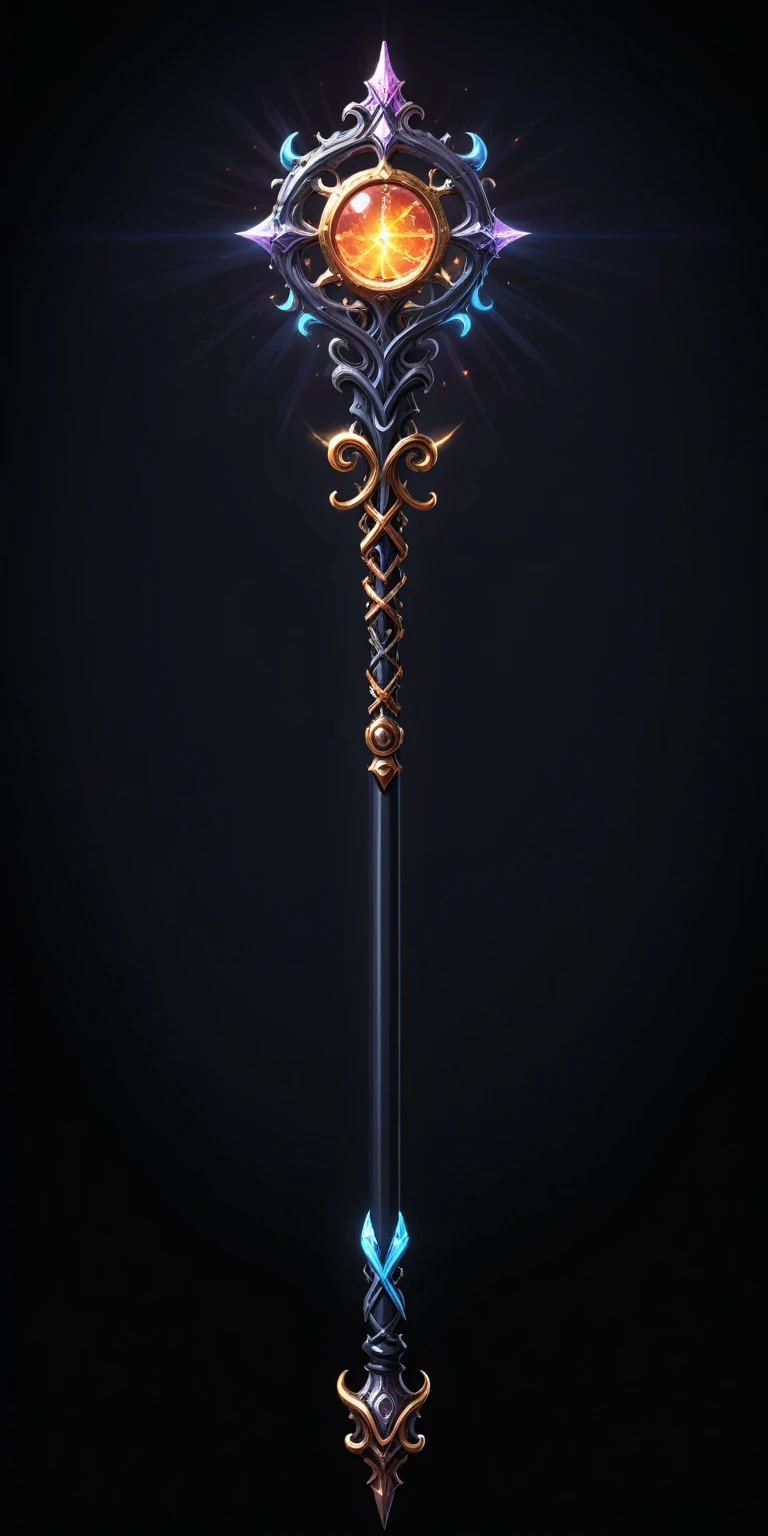 pixel art, cartoon illustration, Divine glavie greatstaff, Powerfull Magical theme, simple black background, RPG game icon