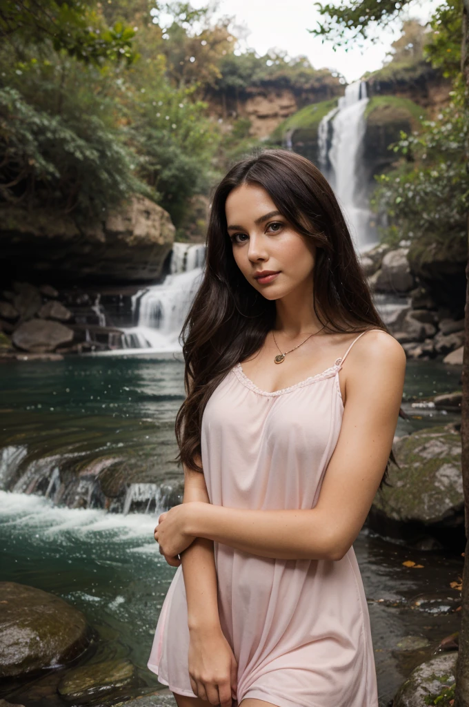 1girl in, 30 years old, Square face, Long hair, Looking at viewer, jewelry, Reality, Sexy, Nightgown colorful outfit, Waterfall backdrop , free pose