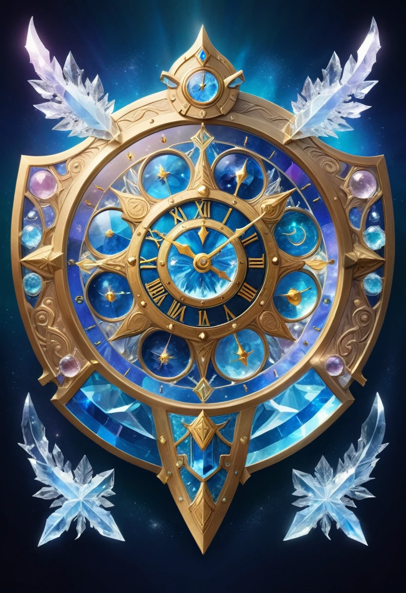 Clock_realm, shield, IvoryGoldAI, (concept art, Ghibli-like colors, Surrealism, ultra high definition, masterpiece, precise, anatomically correct, Super details, Award-winning, best quality, high resolution, 8k，The picture is bright，global illumination，high saturation） , Fantasy, Asgard, Asgardshield，Shield of the Norse gods，Asgardshield，Made entirely of crystals and ice crystals，Transparent and white，