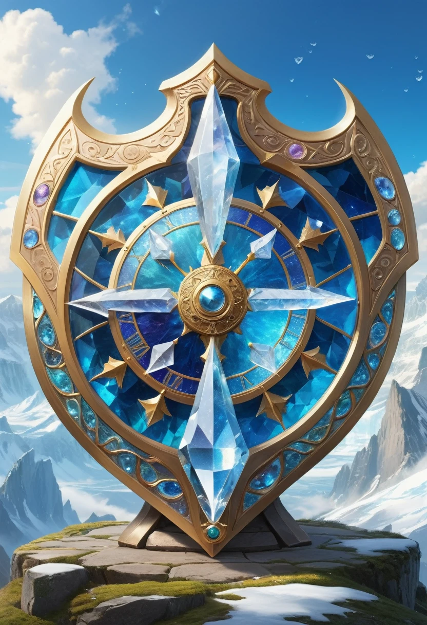 Clock_realm, shield, IvoryGoldAI, (concept art, Ghibli-like colors, Surrealism, ultra high definition, masterpiece, precise, anatomically correct, Super details, Award-winning, best quality, high resolution, 8k,The picture is bright,global illumination,high saturation) , Fantasy, Asgard, Asgardshield,Shield of the Norse gods,Asgardshield,Made entirely of crystals and ice crystals,Transparent and white,