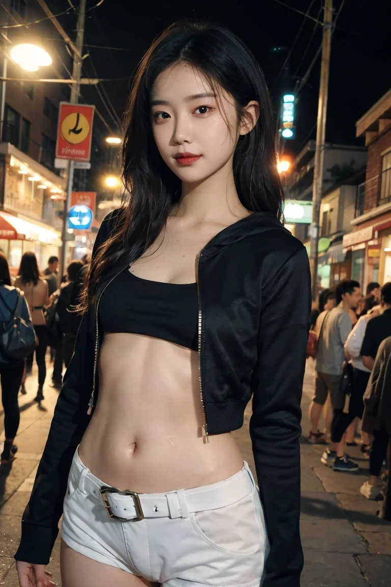 a girl, Thick belly button hoodie, long sleeve, (bare midriff, exposed navel), sexy abs, navel open,completely exposed abdomen, Hot pants reveal mermaid line, metal belt, cowboy shot, summer street, 8k, best quality, masterpiece, photorealistic, ultra-detailed, vivid colors, professional lighting, cinematic, dynamic pose, dramatic lighting, intricate details,Looking at the camera,Smile,Sweaty skin