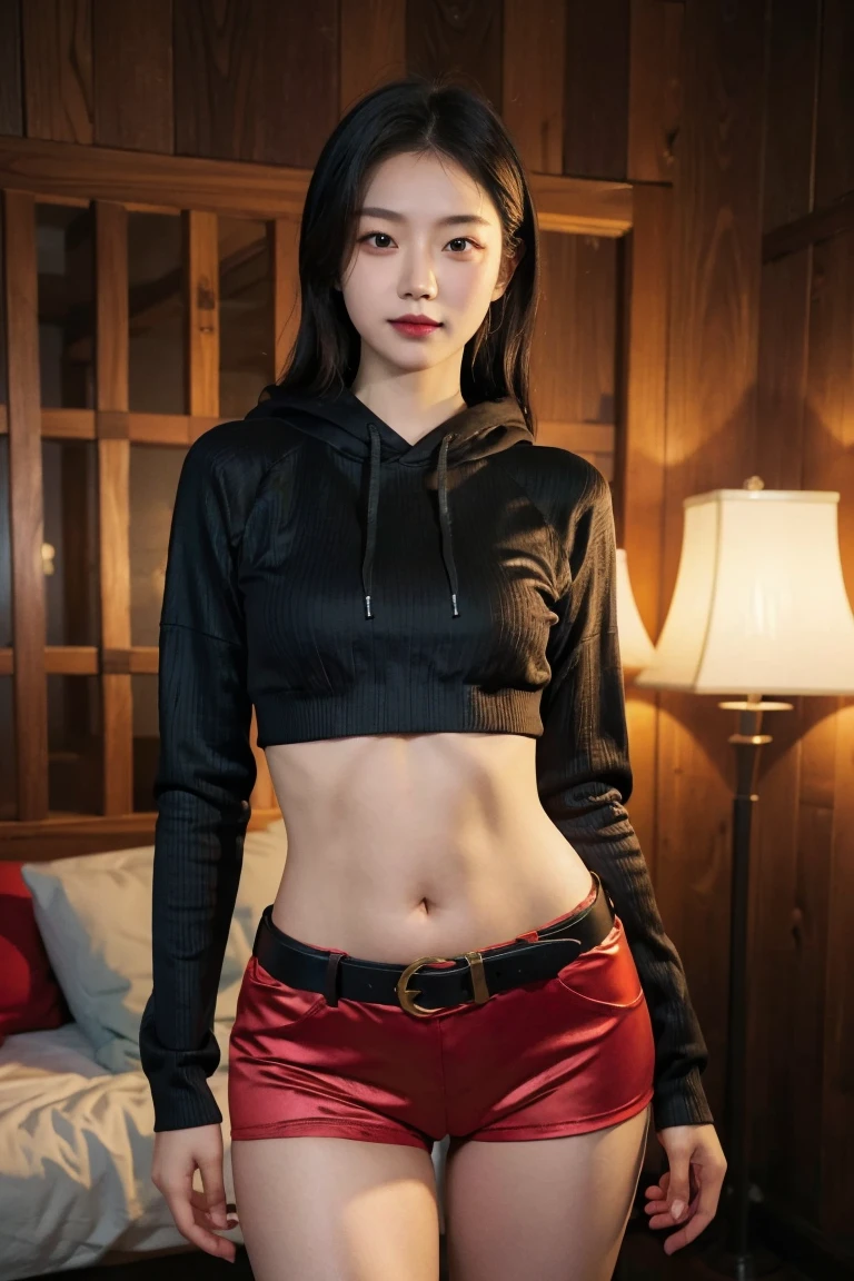 a girl, Thick belly button hoodie, long sleeve, (bare midriff, exposed navel), sexy abs, navel open，completely exposed abdomen, Hot pants reveal mermaid line, metal belt, cowboy shot, summer street, 8k, best quality, masterpiece, photorealistic, ultra-detailed, vivid colors, professional lighting, cinematic, dynamic pose, dramatic lighting, intricate details，Looking at the camera，Smile，Sweaty skin