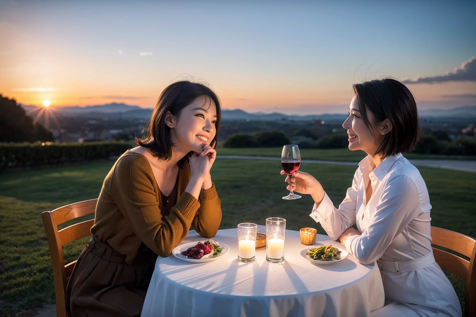 ((highest quality、8k、masterpiece:1.3))、 (Genuineistic, Genuine、Bright image、Intricate details:1.2), 最高のsmile 男性1人 女性1人、Beautiful Couple、spouse、Couple、spouse、actress、モデルCouple、smile、full-course dinner、 (Slim face), (the body is slim), (Brown Hair), (short hair), テーブルの上のwine glass、Please shine a light on my face、 Amazing view of the sunset sky and clouds、 (42 years old), 39 years old, red wine 、Appetizers、Wine bottle、sparkling wine、Long sleeve shirt、dress、White wine, red wine, wine glass,