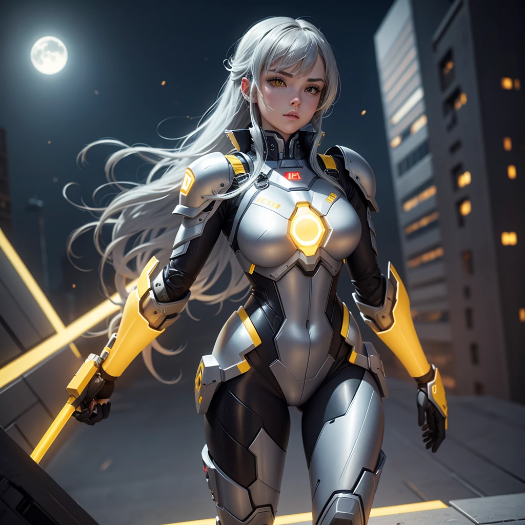 1girl, Female robot, superheroine, android girl, teenager, with a gray with yellow accents full body metal armor, with a yellow cape, a yellow shinning decal in the chest, gray metal gloves and gray armored boots, and a metallic, long beam saber, pale skin, shinning yellow eyes, gray medium shoulder length hair, wide hips, thick thighs, narrow waist, standing on the rooftop in the over a futuristic city at night ((only one character))