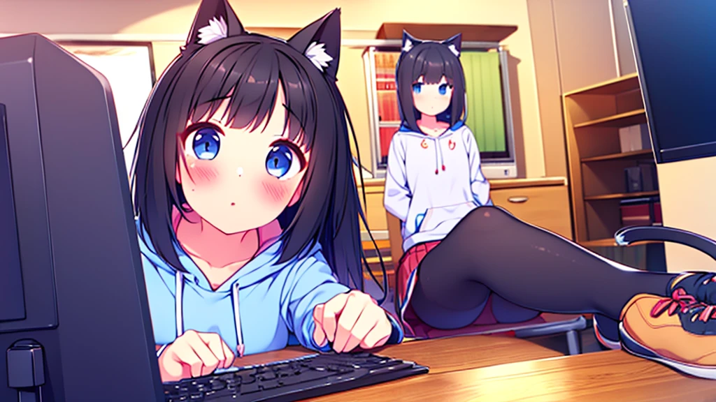 Girl long black hair blue eyes blush on face in PC gaming room Short pleated skirt long stockings cat hoodie great quality 8k very detailed image perfect anatomy 