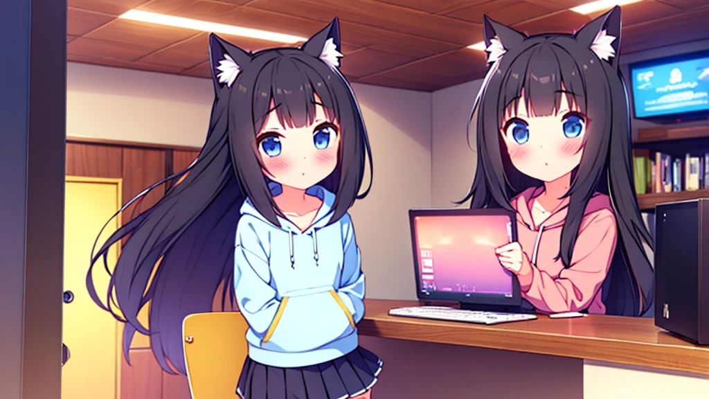 Girl long black hair blue eyes blush on face in PC gaming room Short pleated skirt long stockings cat hoodie great quality 8k very detailed image perfect anatomy 