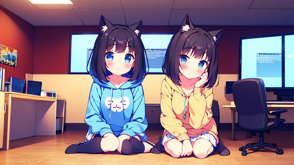 Girl long black hair blue eyes blush on face in PC gaming room Short pleated skirt long stockings cat hoodie great quality 8k very detailed image perfect anatomy