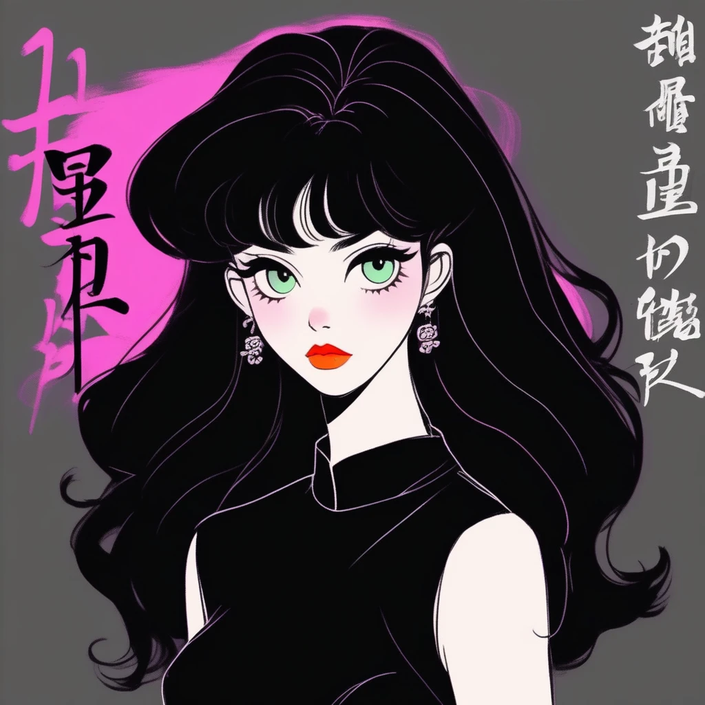 best quality, sketch:1.2),Practical,Illustrator,Chinese cartoons,1 girl, Delicate lips, Dress 8,(Background dark monochrome),Neon Hair,Texture cropping, masterpiece, Style: Vintage , Deep Black, Art, sketch book, (Black hair:1.75 Neon:1.32), Bad Woman , Dark Shadows