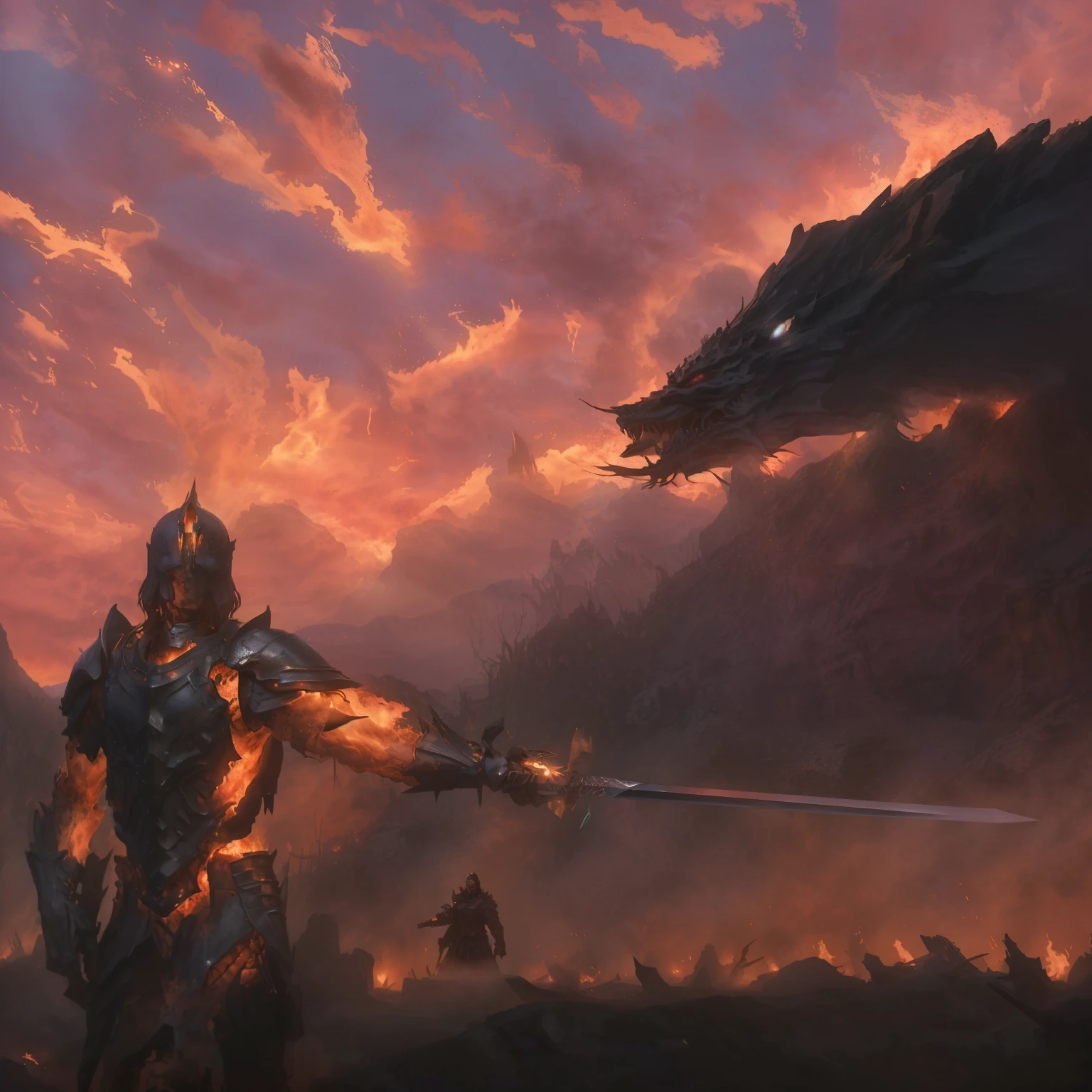A knight holding a sword, Standing in front of the fiery red sky with his back to the camera, There is a Chinese dragon in the sky on the right, Epic fantasy artwork, Epic Fantasy Game Art, 4k fantasy art, Epic fantasy art, concept art wallpaper 4k, A man wearing a coat、Man holding a sword walking on the battlefield, epic beautiful art, Medieval style, Epic RPG Portrait, Stunning character art, fighting background, Wide battlefield, Alone, Back，战场上一个男人的Back, The flames spread, The fire burst into the sky, The war is raging, wounded, Blood, Weapons scattered on the ground, Top quality, Best quality, masterpiece, The most detailed, rich and colorful, war