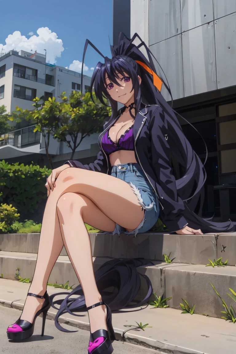 Himejima Akeno,long hair,smile,one person,full body,jean shorts,closed toe shoes,black high heels,black crop top,crossed legs,sitting,cleavage,purple eyes,legs,denim jacket