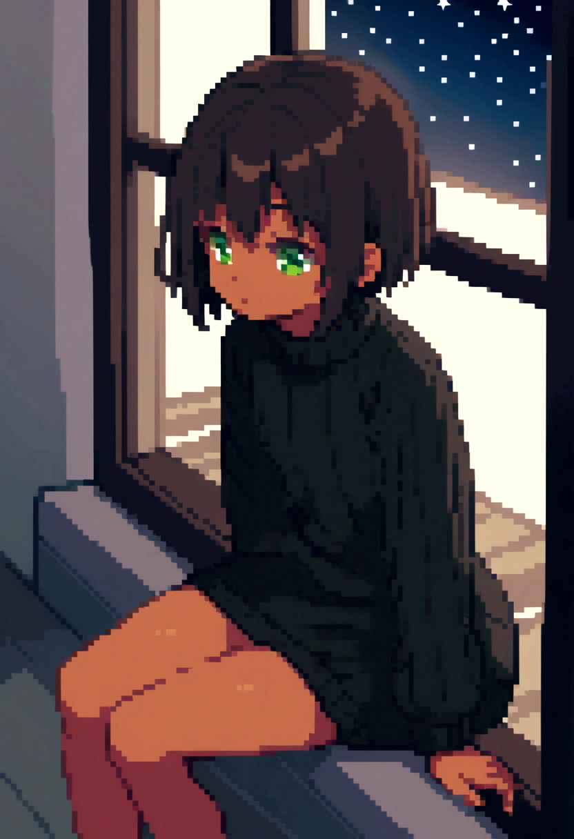 li, short hair, dark hair, tan, green eyes, black sweater, bare legs, Sitting looking at the window, it's night, The night is full of bright stars, 