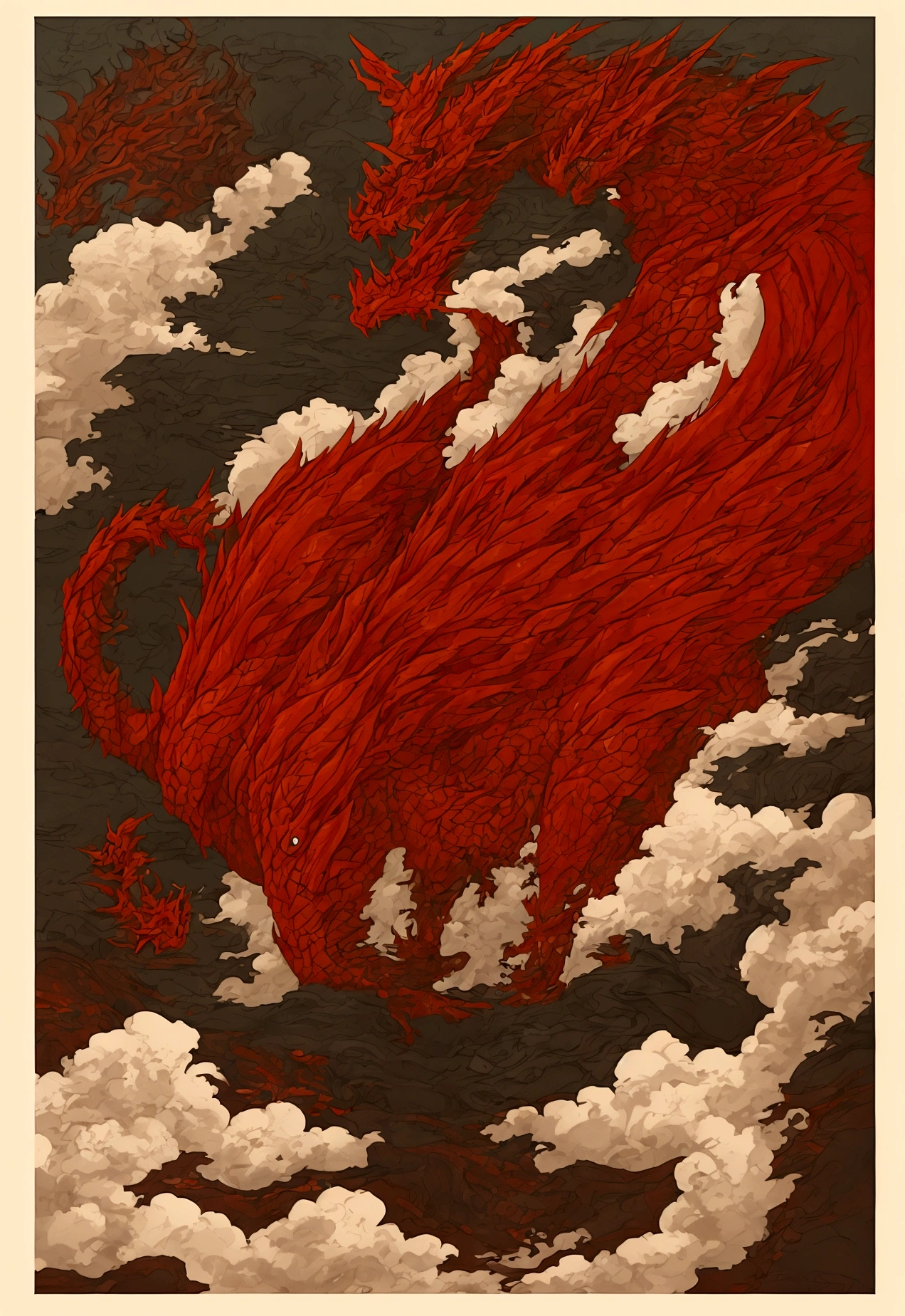 red dragon in the waves art print, in the style of kōji morimoto, neo-traditional japanese, john blanche, murals and wall drawings, tyler walpole, intense close-ups, absurdist --ar 71:128 --stylize 750 --v 5.2