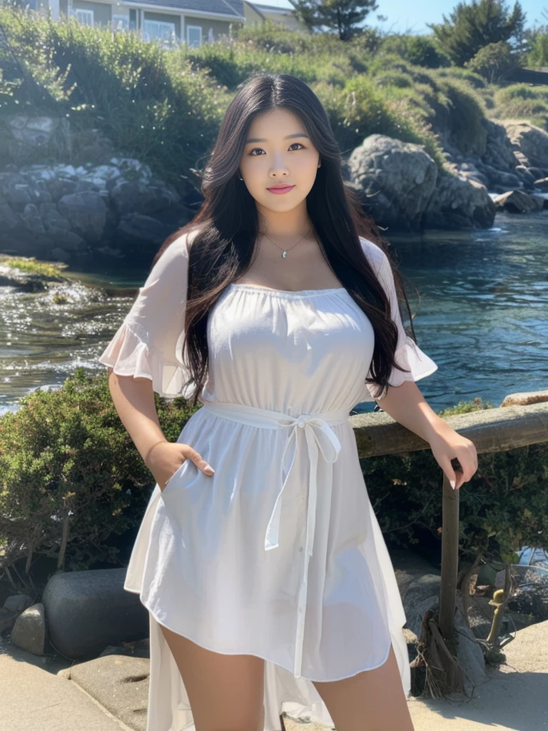 Beautiful fat woman standing by the sea