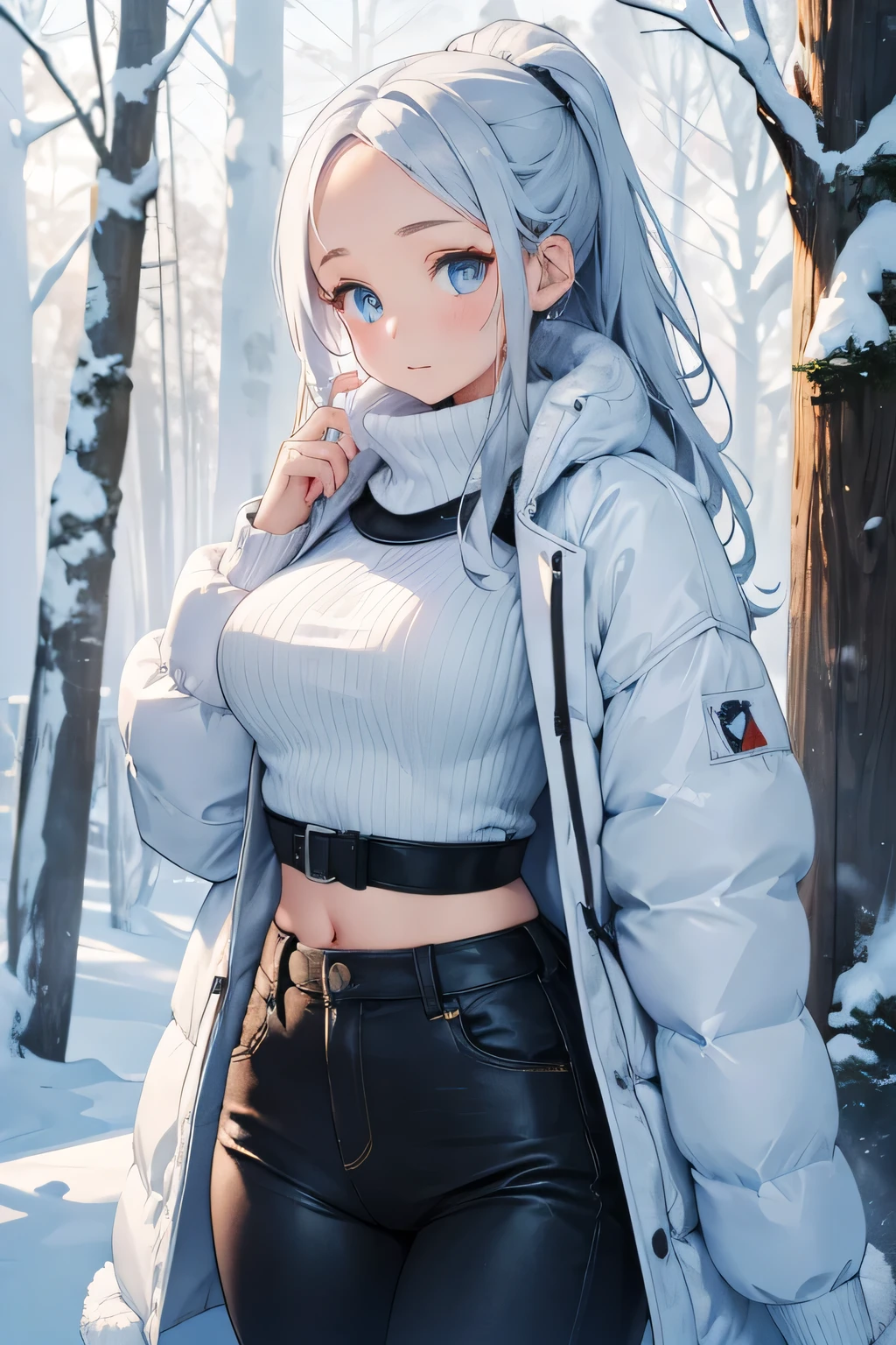 1 girl, single girl, cute, long white hair, light blue eyes, big breasts, big hips, cold jacket, fluffy winter jacket, fluffy turtleneck sweater, blue winter pants, in a forest with snow, snowy, snow
