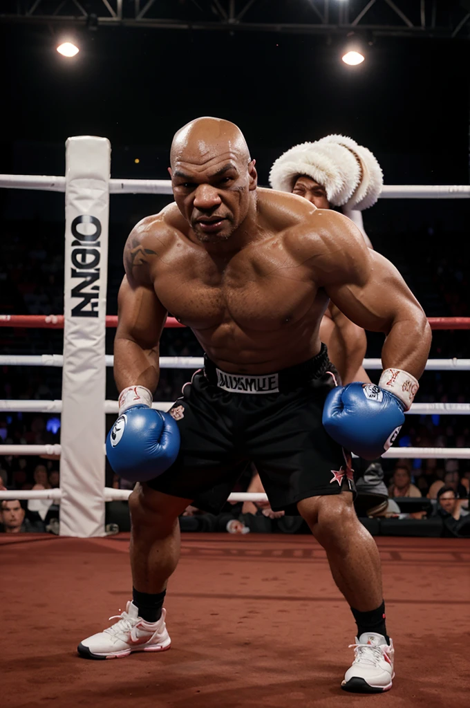 make a 4D caricature of a man who looks like Mike Tyson wearing boxing gloves standing in the ring. pixar