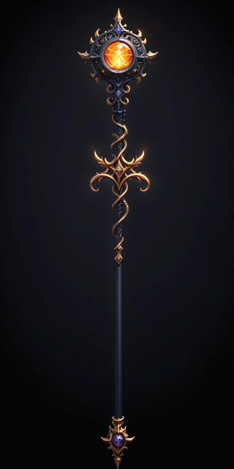 pixel art, cartoon illustration, Divine glavie greatstaff, Powerfull Magical theme, simple black background, RPG game icon