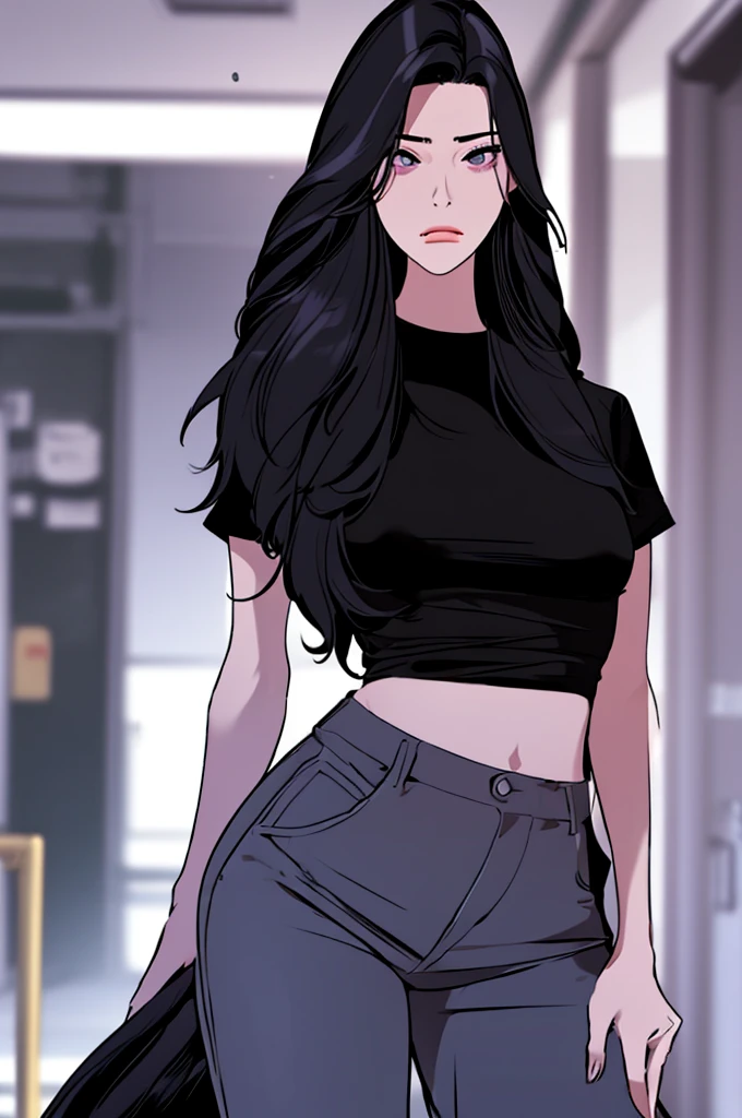 Woman, Korean, long black hair, purple eyes, stoic attitude, explosive temperament, black t-shirt, baggy pants, contemptuous expression, defiant posture, apartment, soft lighting, medium angle view.