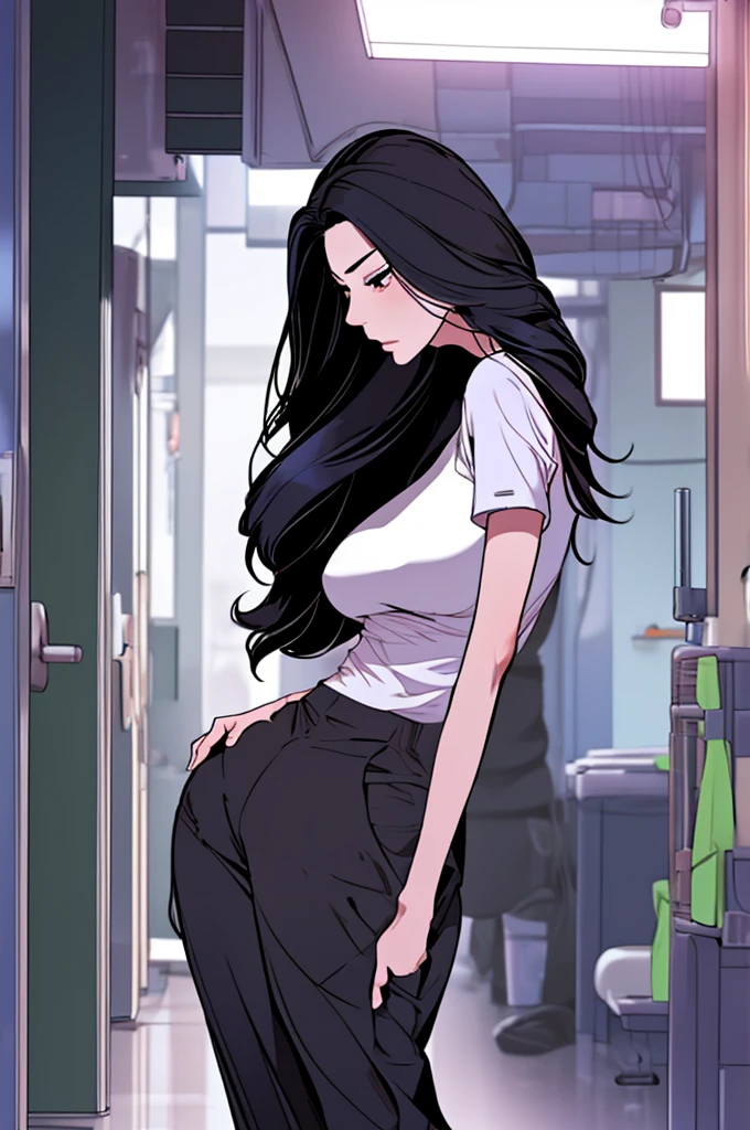 Woman, Korean, long black hair, purple eyes, stoic attitude, explosive temperament, black t-shirt, baggy pants, contemptuous expression, defiant posture, apartment, soft lighting, medium angle view.