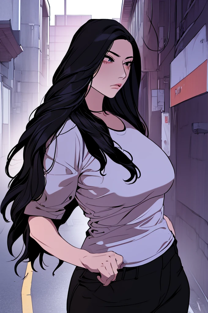 Woman, Korean, long black hair, purple eyes, stoic attitude, explosive temperament, black t-shirt, baggy pants, contemptuous expression, defiant posture, apartment, soft lighting, medium angle view.